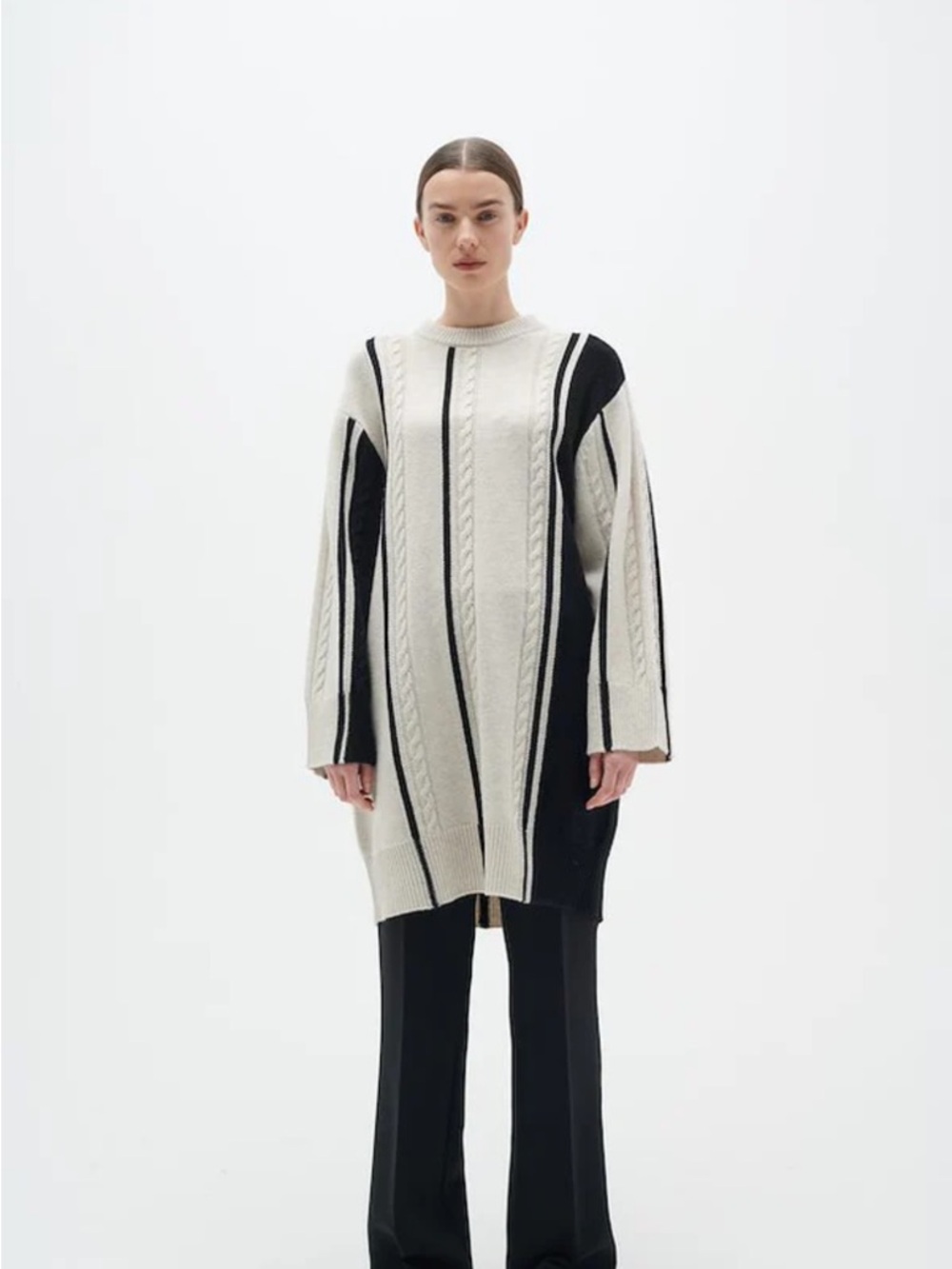 InWear Remmy Sweater Dress Cable Knit Black Cream Wool Blend S/M